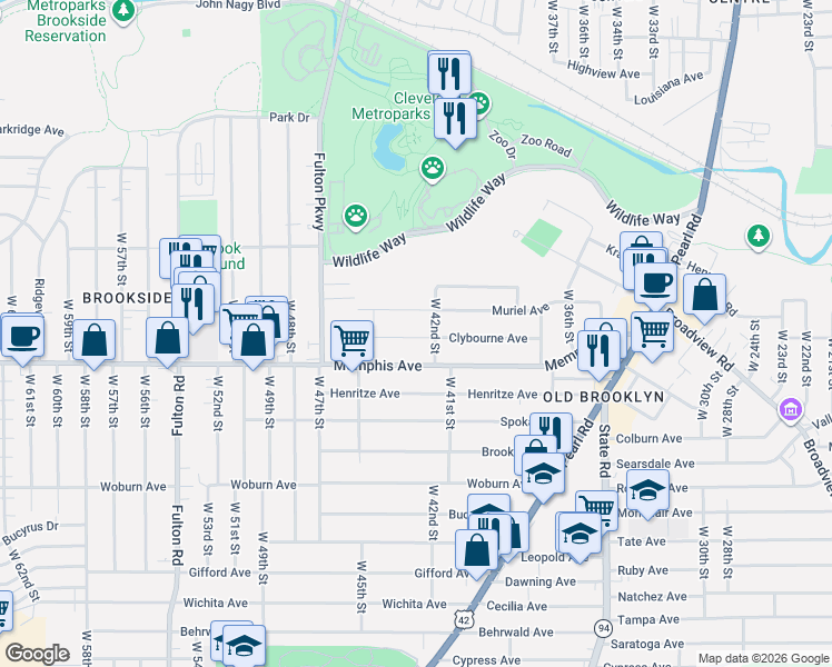 map of restaurants, bars, coffee shops, grocery stores, and more near 4211 Clybourne Avenue in Cleveland