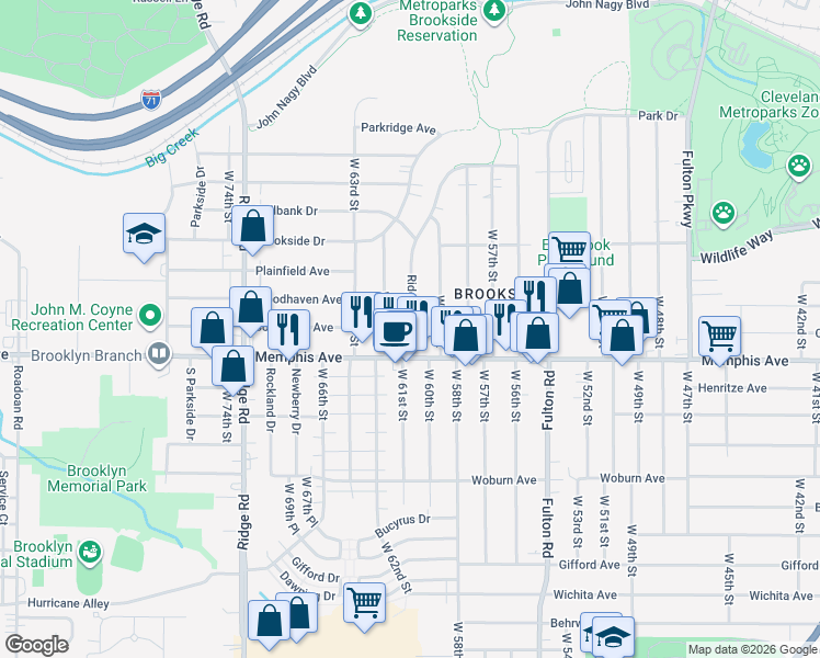 map of restaurants, bars, coffee shops, grocery stores, and more near 4268 Ridgeview Road in Cleveland