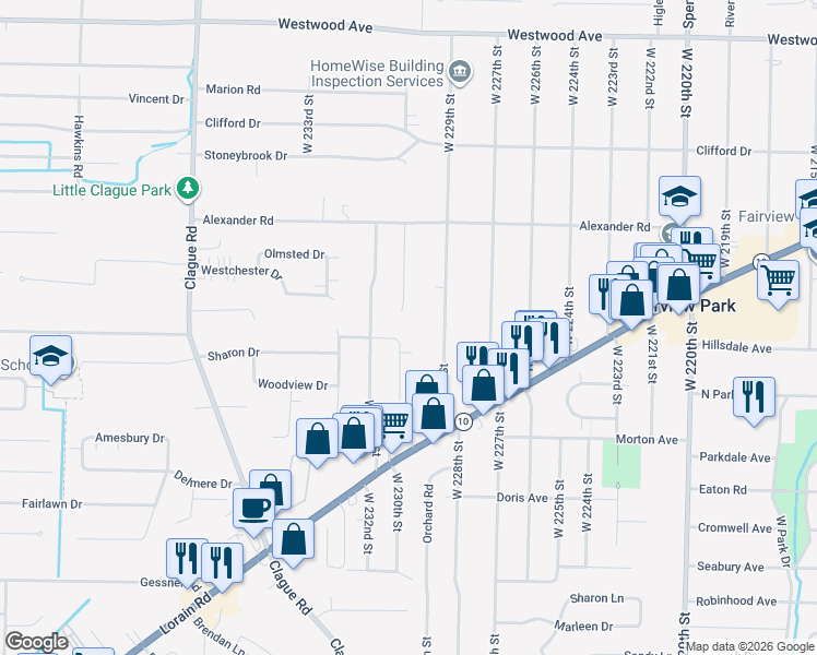 map of restaurants, bars, coffee shops, grocery stores, and more near 4330 West 229th Street in Fairview Park