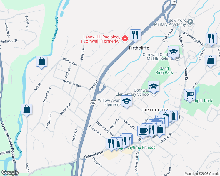 map of restaurants, bars, coffee shops, grocery stores, and more near 113 Willow Avenue in Cornwall