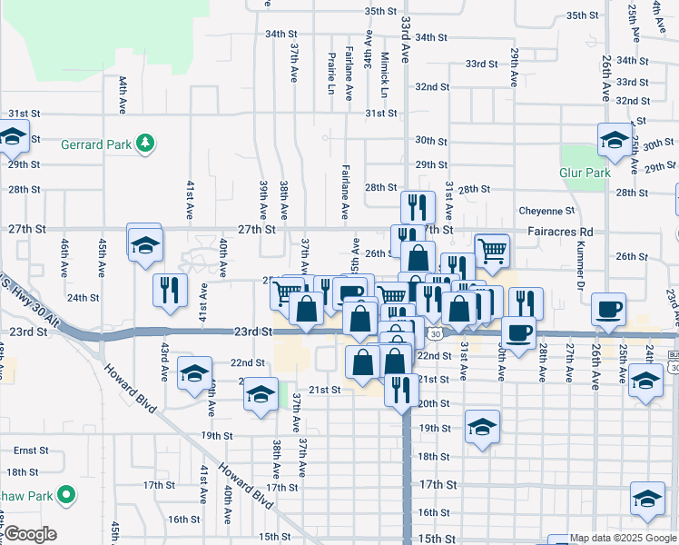 map of restaurants, bars, coffee shops, grocery stores, and more near 3542 23rd Street in Columbus