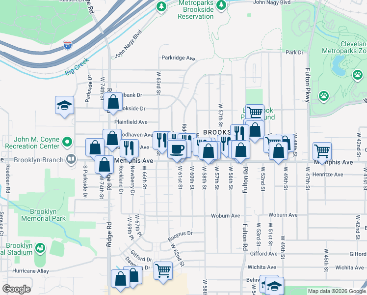 map of restaurants, bars, coffee shops, grocery stores, and more near 4268 Ridgeview Road in Cleveland