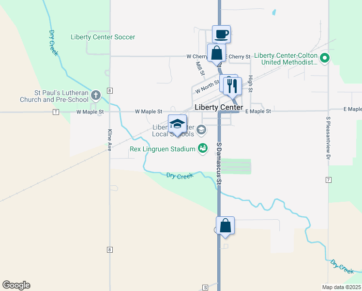 map of restaurants, bars, coffee shops, grocery stores, and more near 100 Tiger Trail in Liberty Center