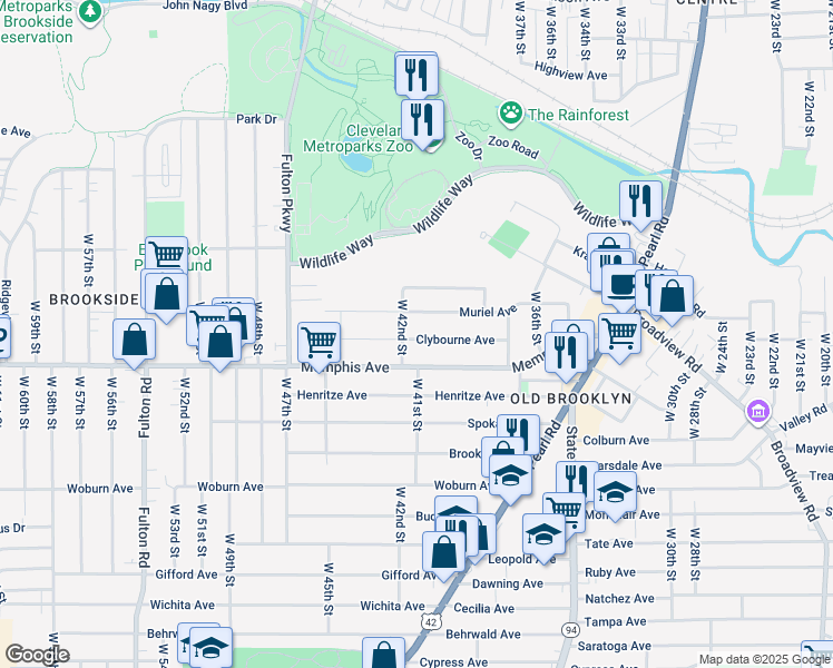 map of restaurants, bars, coffee shops, grocery stores, and more near 4112 Clybourne Avenue in Cleveland