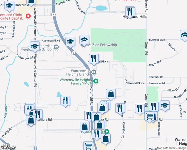 map of restaurants, bars, coffee shops, grocery stores, and more near 4415 Northfield Road in Warrensville Heights