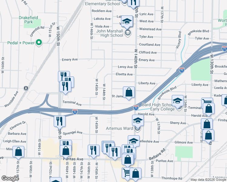 map of restaurants, bars, coffee shops, grocery stores, and more near 4177 West 143rd Street in Cleveland