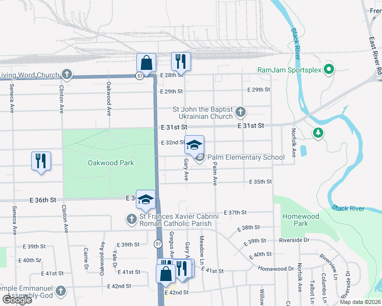map of restaurants, bars, coffee shops, grocery stores, and more near 2246 East 33rd Street in Lorain