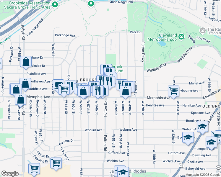 map of restaurants, bars, coffee shops, grocery stores, and more near 4259 Fulton Road in Cleveland