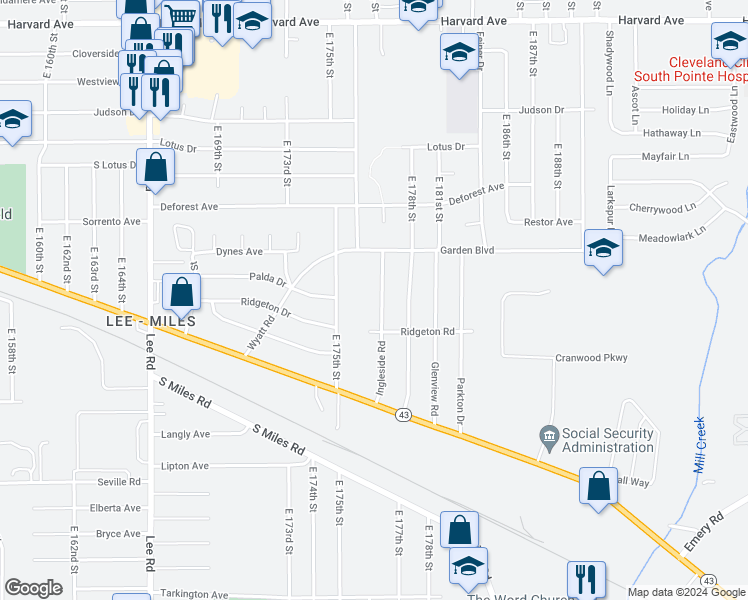 map of restaurants, bars, coffee shops, grocery stores, and more near 4384 Ingleside Road in Cleveland