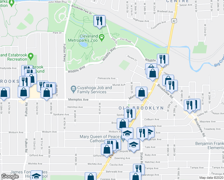 map of restaurants, bars, coffee shops, grocery stores, and more near 3924 Clybourne Avenue in Cleveland