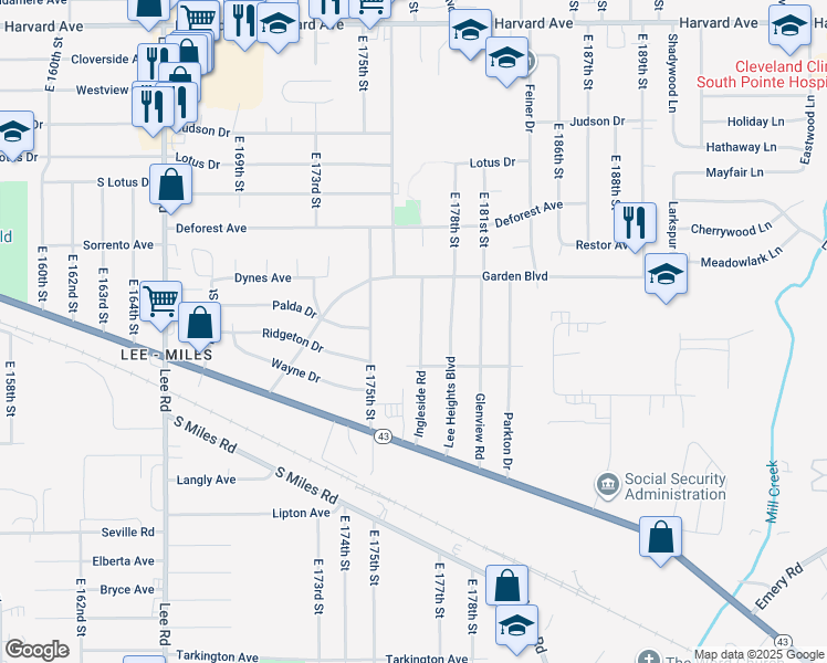 map of restaurants, bars, coffee shops, grocery stores, and more near 4384 Ingleside Road in Warrensville Heights
