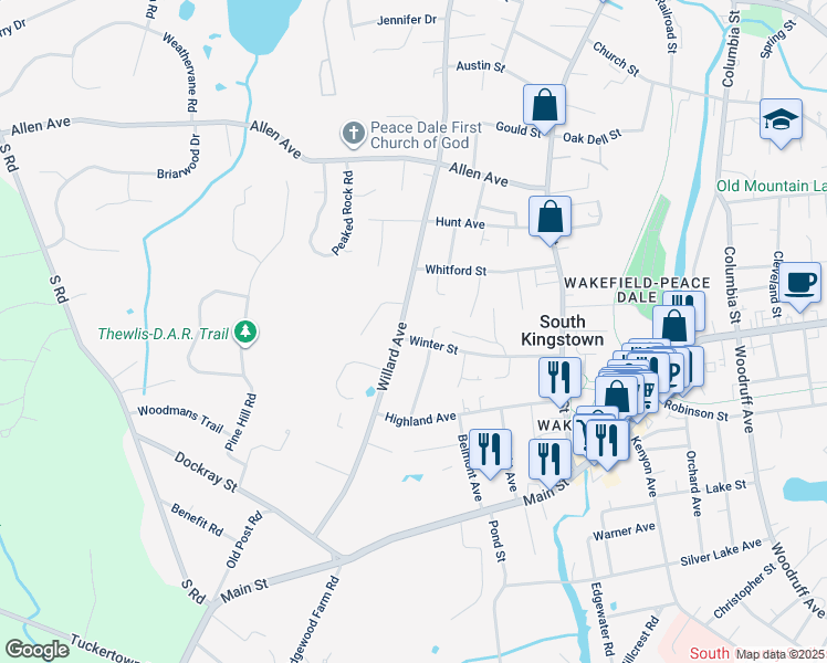 map of restaurants, bars, coffee shops, grocery stores, and more near 154 Winter Street in South Kingstown