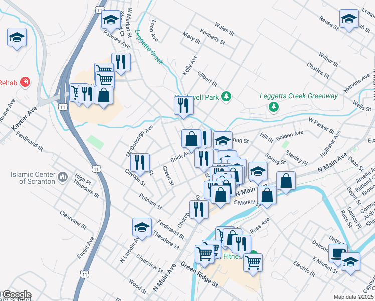 map of restaurants, bars, coffee shops, grocery stores, and more near 329 West Market Street in Scranton