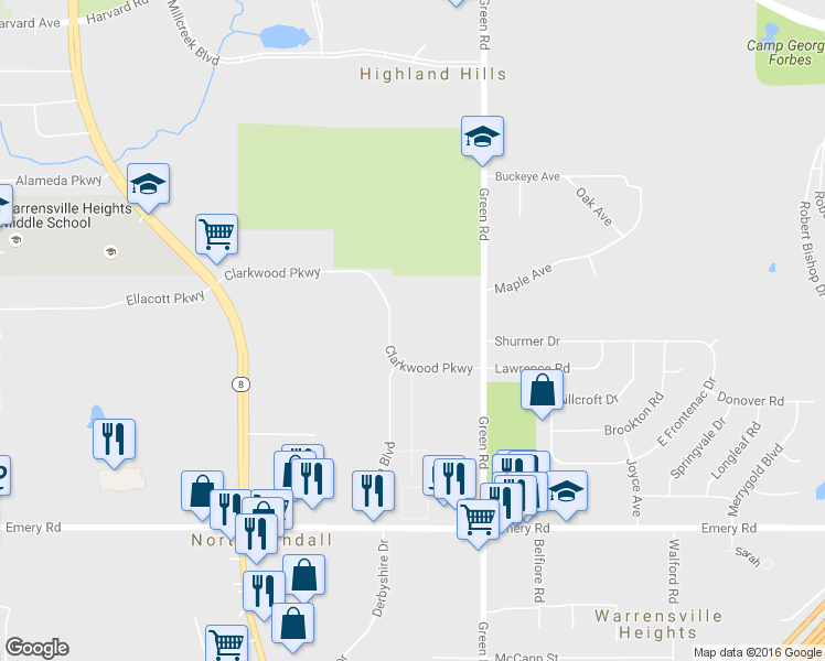 map of restaurants, bars, coffee shops, grocery stores, and more near in Warrensville Heights