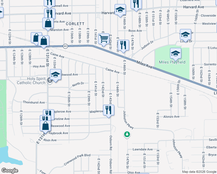 map of restaurants, bars, coffee shops, grocery stores, and more near 4384 East 143rd Street in Cleveland