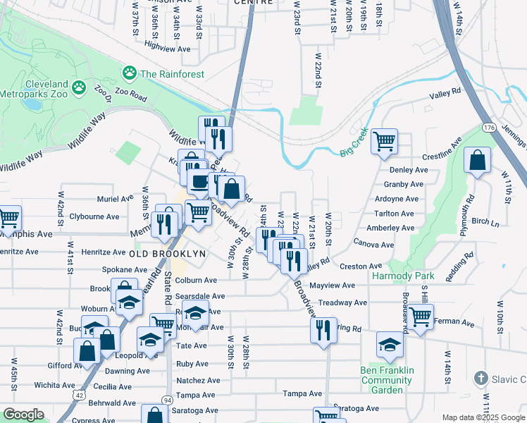 map of restaurants, bars, coffee shops, grocery stores, and more near 4228 West 23rd Street in Cleveland