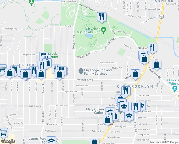 map of restaurants, bars, coffee shops, grocery stores, and more near 4327 Clybourne Avenue in Cleveland