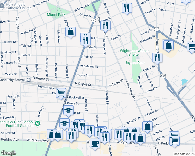 map of restaurants, bars, coffee shops, grocery stores, and more near 1620 Sherman Street in Sandusky