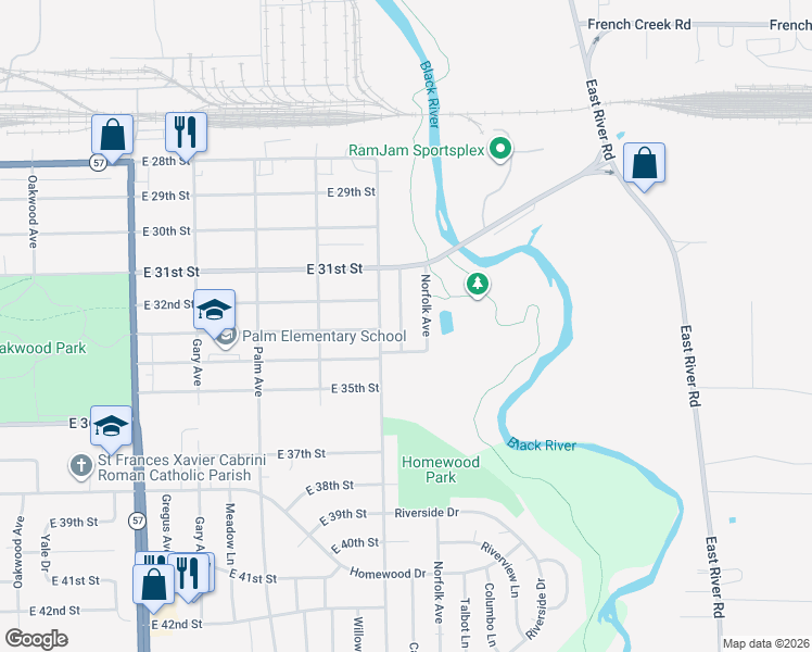 map of restaurants, bars, coffee shops, grocery stores, and more near 3251 Camden Avenue in Lorain