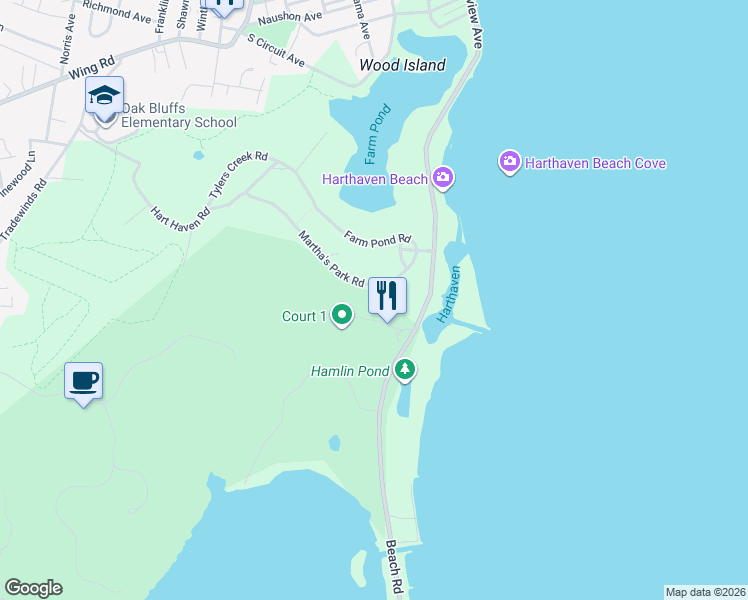 map of restaurants, bars, coffee shops, grocery stores, and more near 16 Martha's Park Road in Oak Bluffs