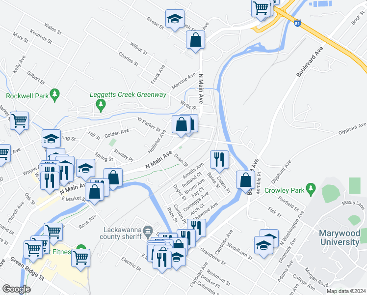 map of restaurants, bars, coffee shops, grocery stores, and more near 2416 North Main Avenue in Scranton