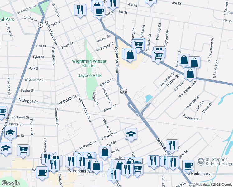 map of restaurants, bars, coffee shops, grocery stores, and more near 309 Lane Street in Sandusky