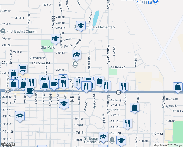map of restaurants, bars, coffee shops, grocery stores, and more near 103 North Parkway in Columbus