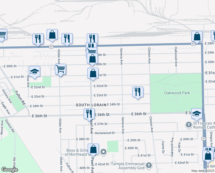 map of restaurants, bars, coffee shops, grocery stores, and more near 1854 East 32nd Street in Lorain