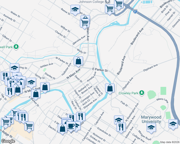 map of restaurants, bars, coffee shops, grocery stores, and more near 2381-2419 Amelia Avenue in Scranton