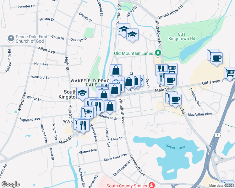 map of restaurants, bars, coffee shops, grocery stores, and more near 204 Main Street in South Kingstown
