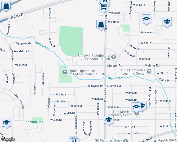 map of restaurants, bars, coffee shops, grocery stores, and more near 2715 Meister Road in Lorain