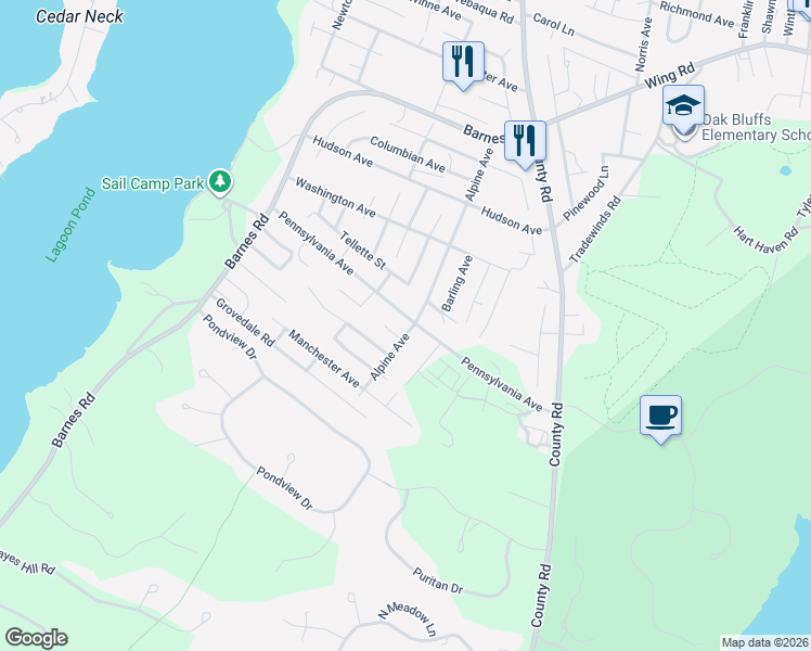 map of restaurants, bars, coffee shops, grocery stores, and more near 84 Alpine Avenue in Oak Bluffs