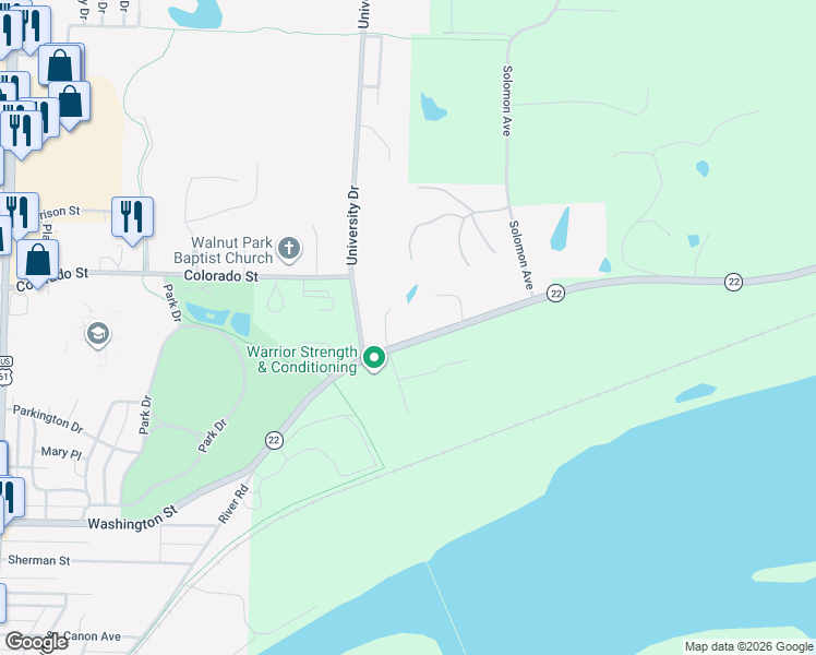 map of restaurants, bars, coffee shops, grocery stores, and more near 3180-3278 Highway 22 in Muscatine