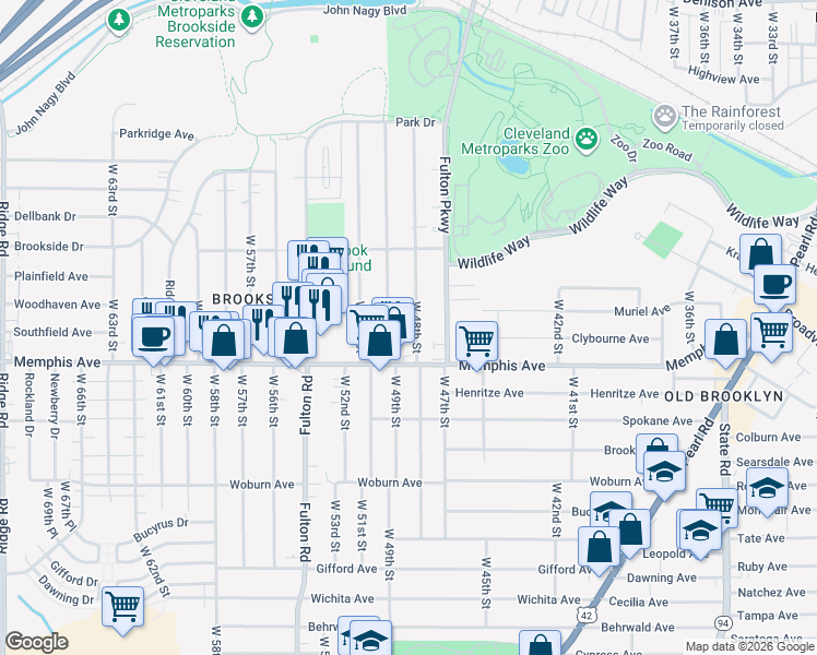 map of restaurants, bars, coffee shops, grocery stores, and more near 4261 West 49th Street in Cleveland