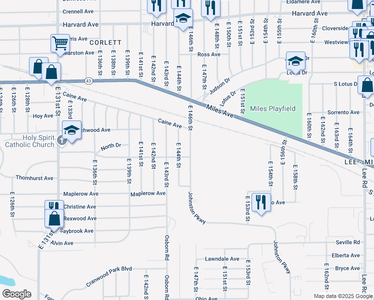 map of restaurants, bars, coffee shops, grocery stores, and more near 4385 East 144th Street in Cleveland
