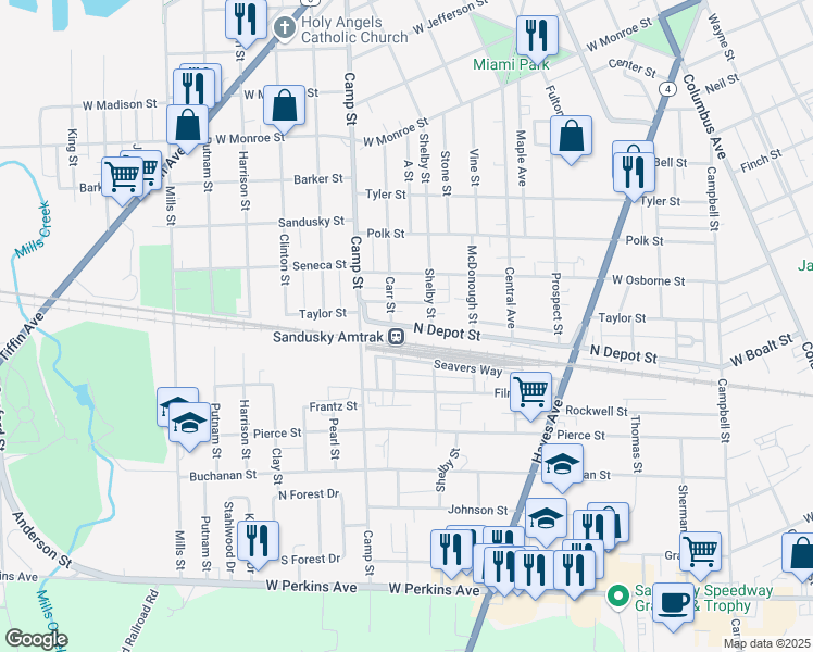 map of restaurants, bars, coffee shops, grocery stores, and more near 1221 North Depot Street in Sandusky