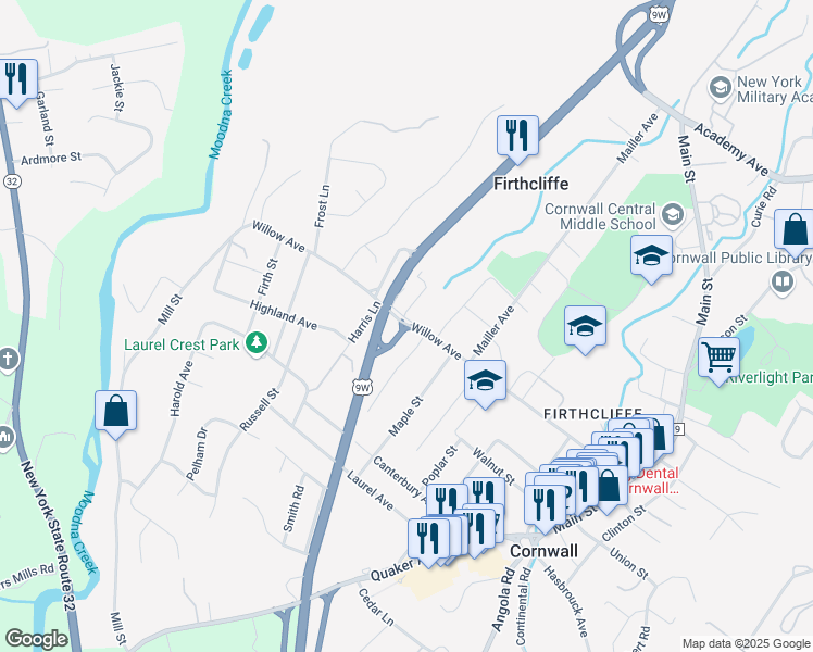 map of restaurants, bars, coffee shops, grocery stores, and more near 134 Willow Avenue in Cornwall