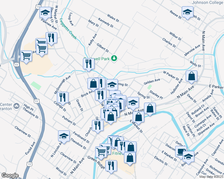 map of restaurants, bars, coffee shops, grocery stores, and more near 2011 13 Wayne Avenue in Scranton
