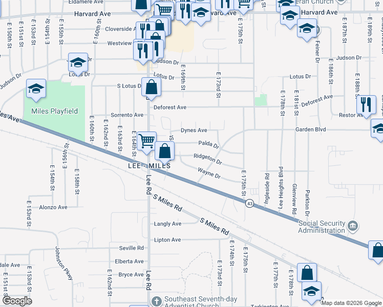 map of restaurants, bars, coffee shops, grocery stores, and more near 17103 Wayne Drive in Cleveland