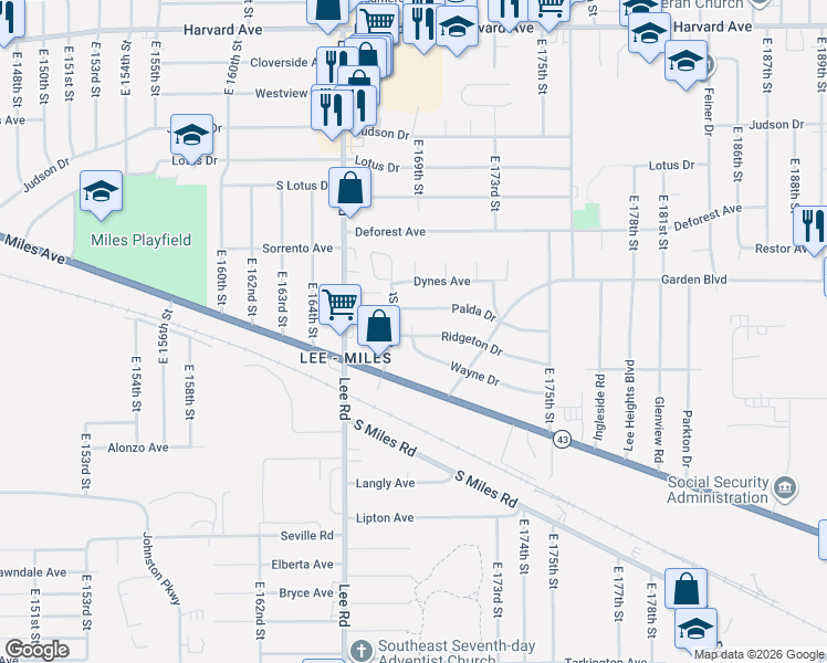map of restaurants, bars, coffee shops, grocery stores, and more near 16810 Wayne Drive in Cleveland