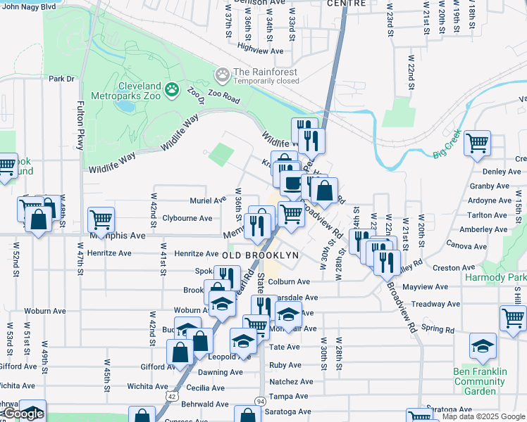 map of restaurants, bars, coffee shops, grocery stores, and more near 4240 Pearl Road in Cleveland