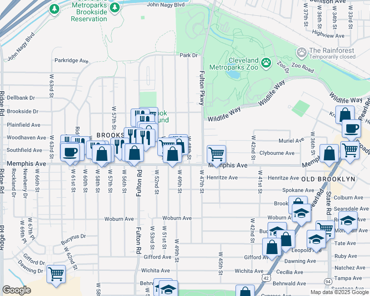 map of restaurants, bars, coffee shops, grocery stores, and more near 4261 West 49th Street in Cleveland