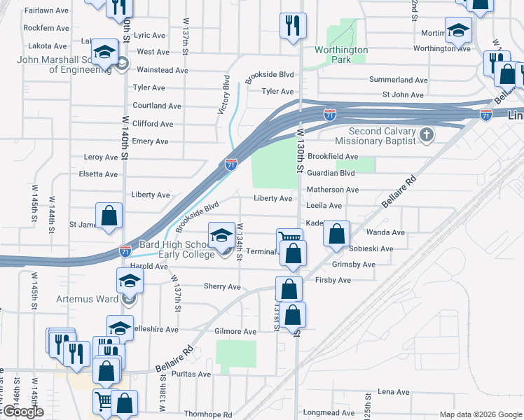 map of restaurants, bars, coffee shops, grocery stores, and more near 13117 Highlandview Avenue in Cleveland