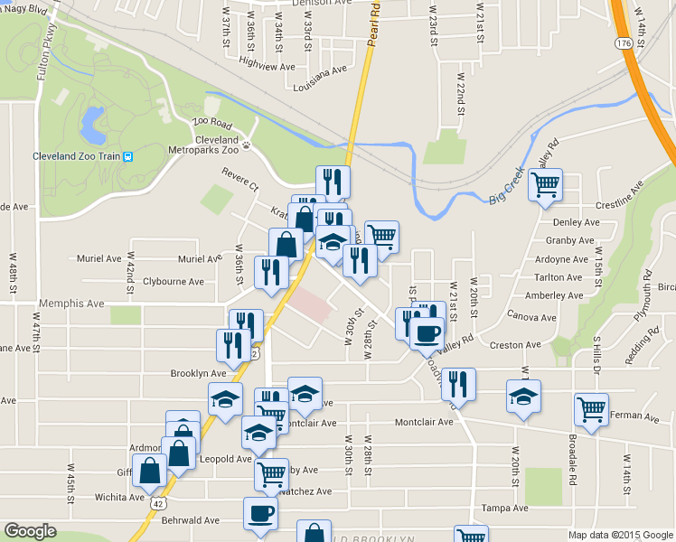 map of restaurants, bars, coffee shops, grocery stores, and more near 3314 Broadview Road in Cleveland