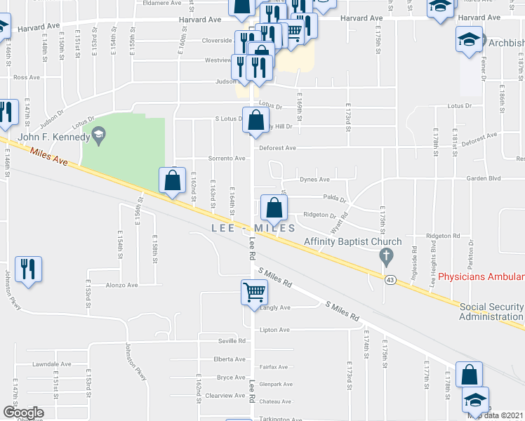 map of restaurants, bars, coffee shops, grocery stores, and more near 4345 Lee Road in Cleveland