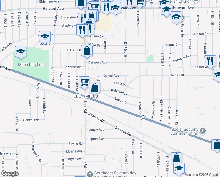 map of restaurants, bars, coffee shops, grocery stores, and more near 17103 Wayne Drive in Cleveland