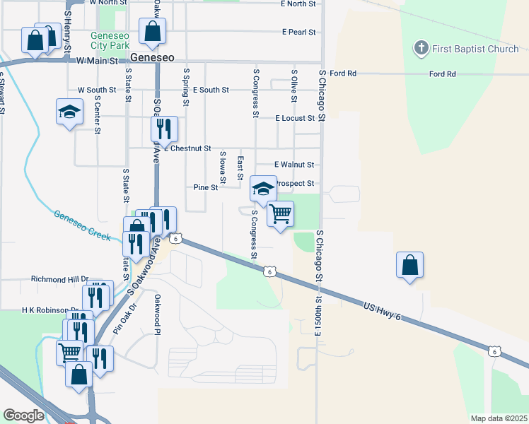map of restaurants, bars, coffee shops, grocery stores, and more near 920 South Congress Street in Geneseo