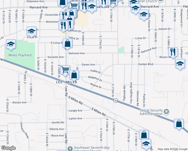 map of restaurants, bars, coffee shops, grocery stores, and more near 4376 Wyatt Road in Cleveland