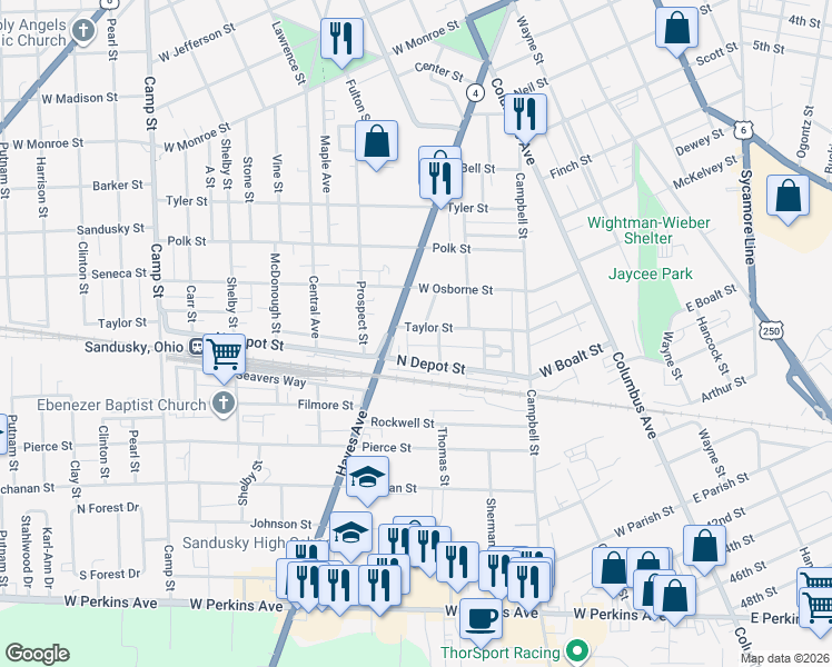 map of restaurants, bars, coffee shops, grocery stores, and more near 620 Taylor Street in Sandusky
