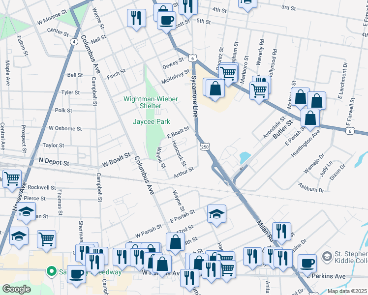 map of restaurants, bars, coffee shops, grocery stores, and more near 309 Lane Street in Sandusky